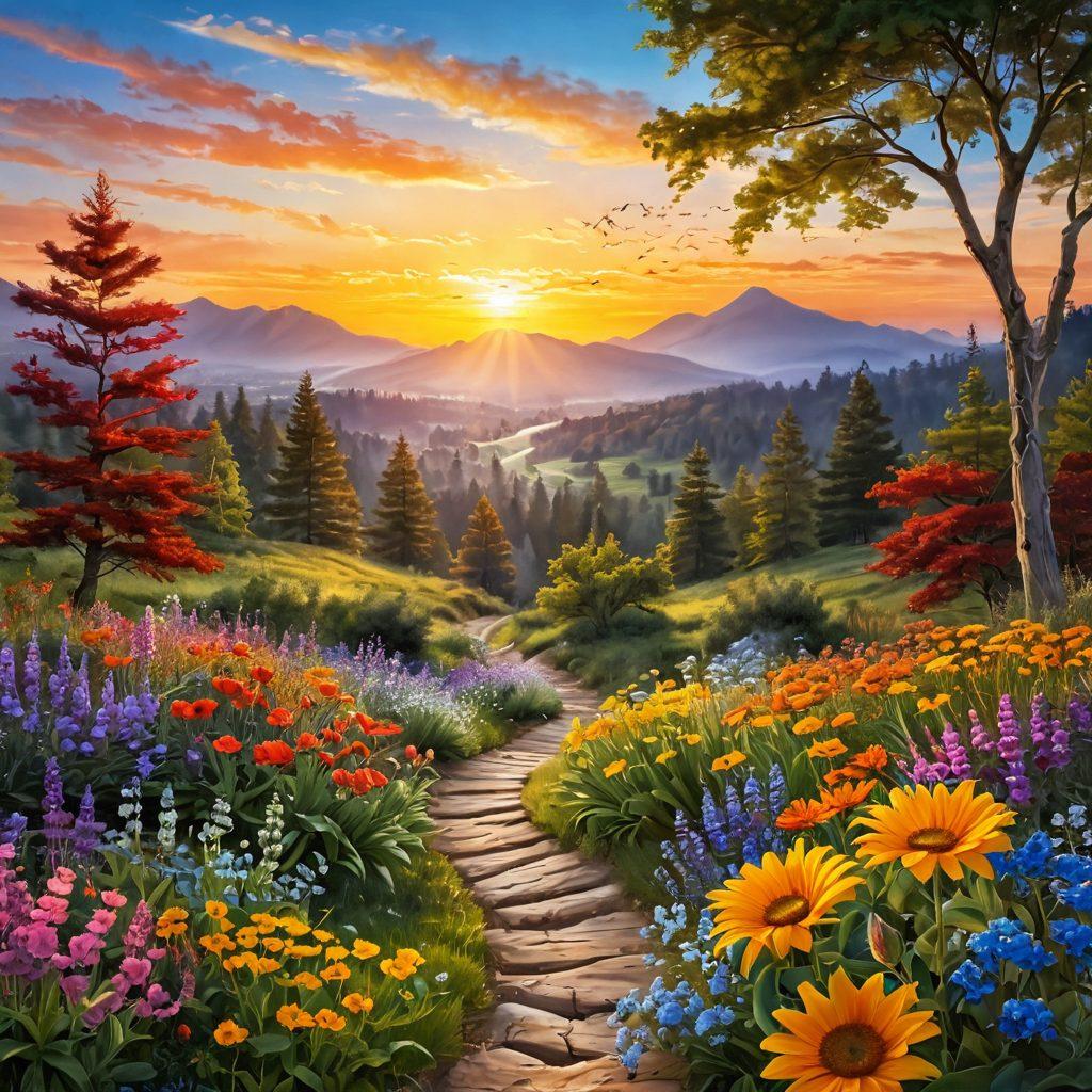 A radiant sunrise illuminating a serene landscape symbolizing a journey, with a diverse group of joyful individuals sharing laughter and exploring nature's beauty. Incorporate artistic elements like notes of music floating in the air and colorful flowers blooming around them to symbolize harmony and bliss. The scene should evoke feelings of happiness and discovery, with vibrant colors enhancing the overall positivity. super-realistic. vibrant colors. serene background.