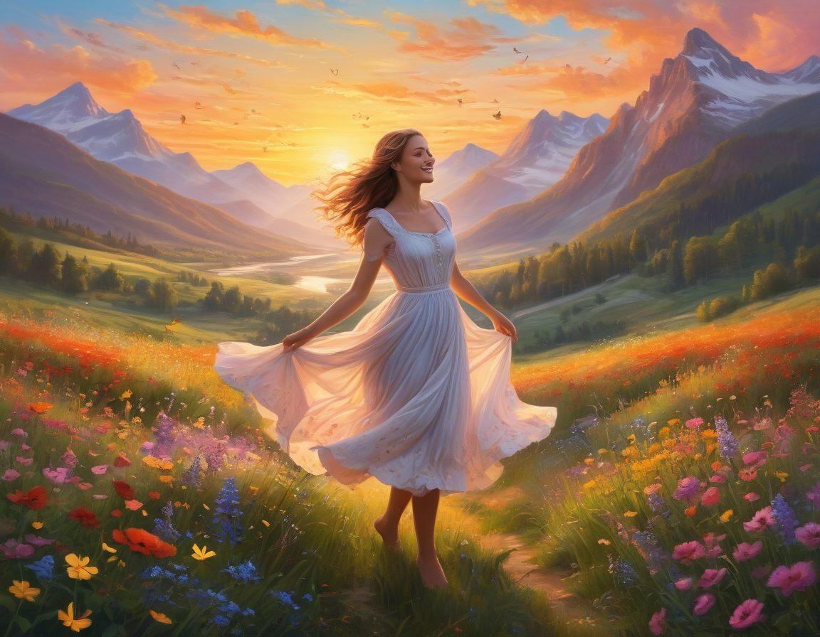 A whimsical scene depicting Alicia, a joyful young woman, dancing in a field of vibrant wildflowers under a radiant sunset, with sparkling golden butterflies around her. In the background, hints of majestic mountains and a flowing river can be seen, capturing a sense of adventure and magic. Her expression reflects pure ecstasy, symbolizing the secrets to embracing life’s wonders. Illustrate with a dreamy, ethereal style. vibrant colors. painting.