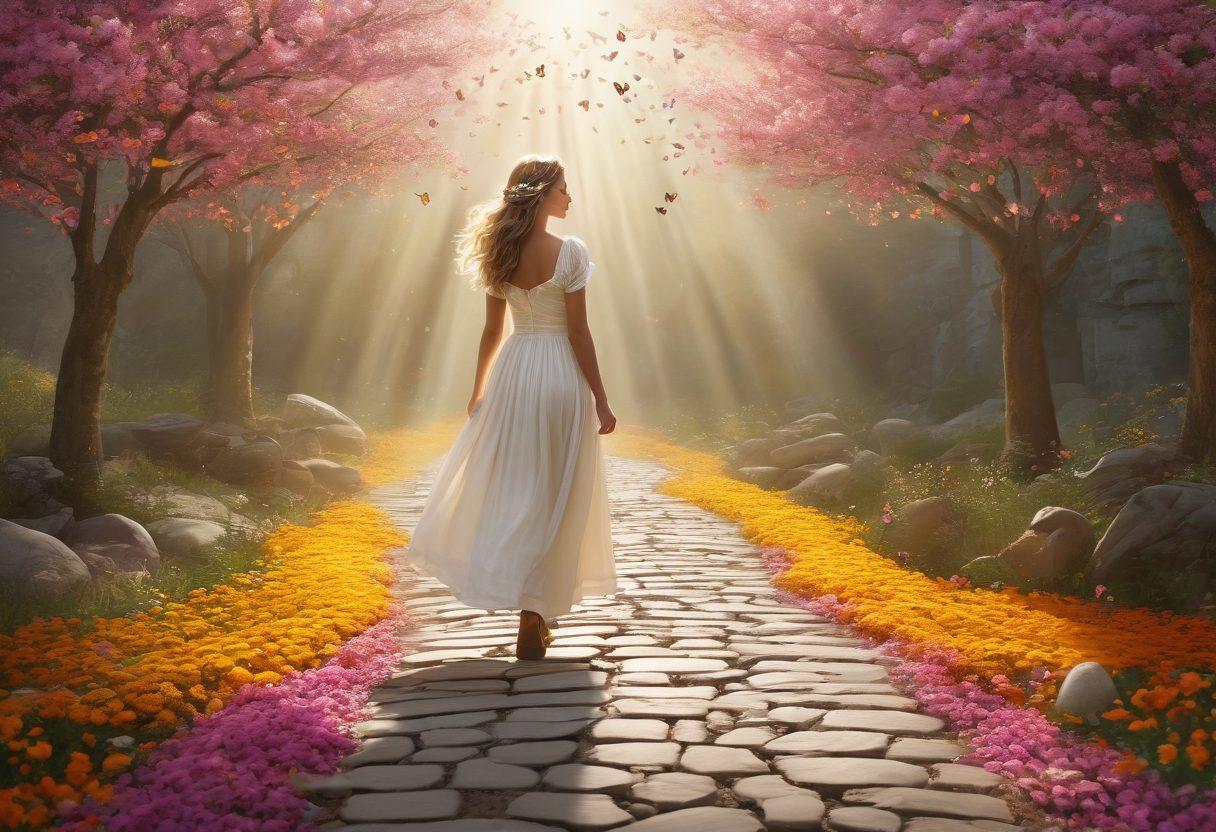 A transformational journey depicting Alicia, a joyful character, standing on a vibrant path that shifts from dull gray stones to a radiant golden road filled with blossoms and butterflies. Surround her with whimsical elements like sunlight rays, floating hearts, and dream-like clouds to evoke a sense of happiness and liberation. Capture a juxtaposition of ordinary background elements fading as the extraordinary takes over, representing her path to unwavering joy. super-realistic. vibrant colors. whimsical style.